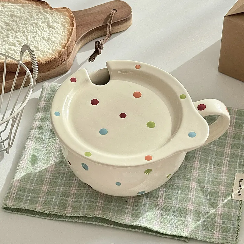 Colourful Polka Dot Ceramic Mug Large Capacity With Lid Breakfast Oatmeal Milk Mug Household Fruit Yoghurt Mugs 480ml