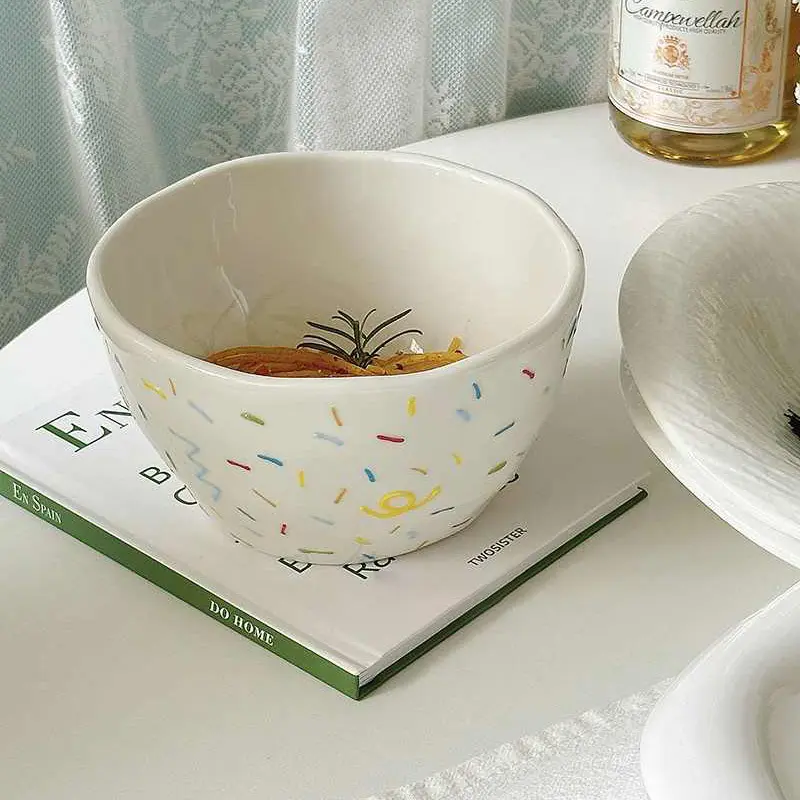 Korean Creative Ceramic Noodle Bowl Cute Relief Sugar Needle Fruit Salad Bowls Household Soup Bowl Tableware Supplies