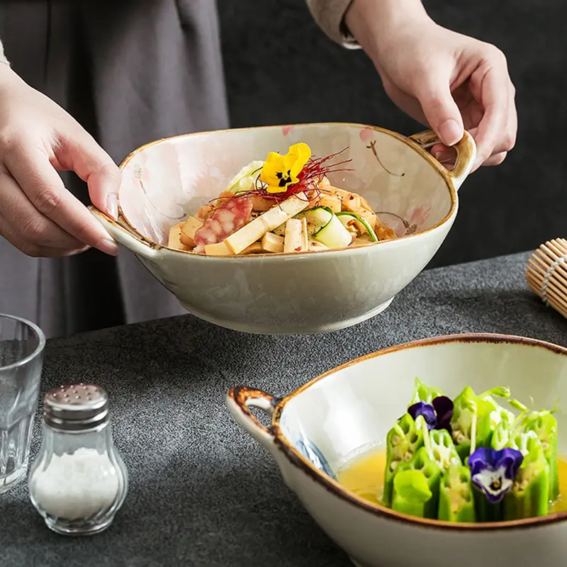 Elegant Binaural Ramen Soup Bowls High-end Fruits Salad Bowl Breakfast Oatmeal Yoghurt Bowls High Quality Ceramic Tableware