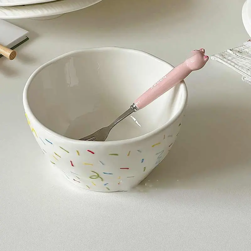 Korean Creative Ceramic Noodle Bowl Cute Relief Sugar Needle Fruit Salad Bowls Household Soup Bowl Tableware Supplies