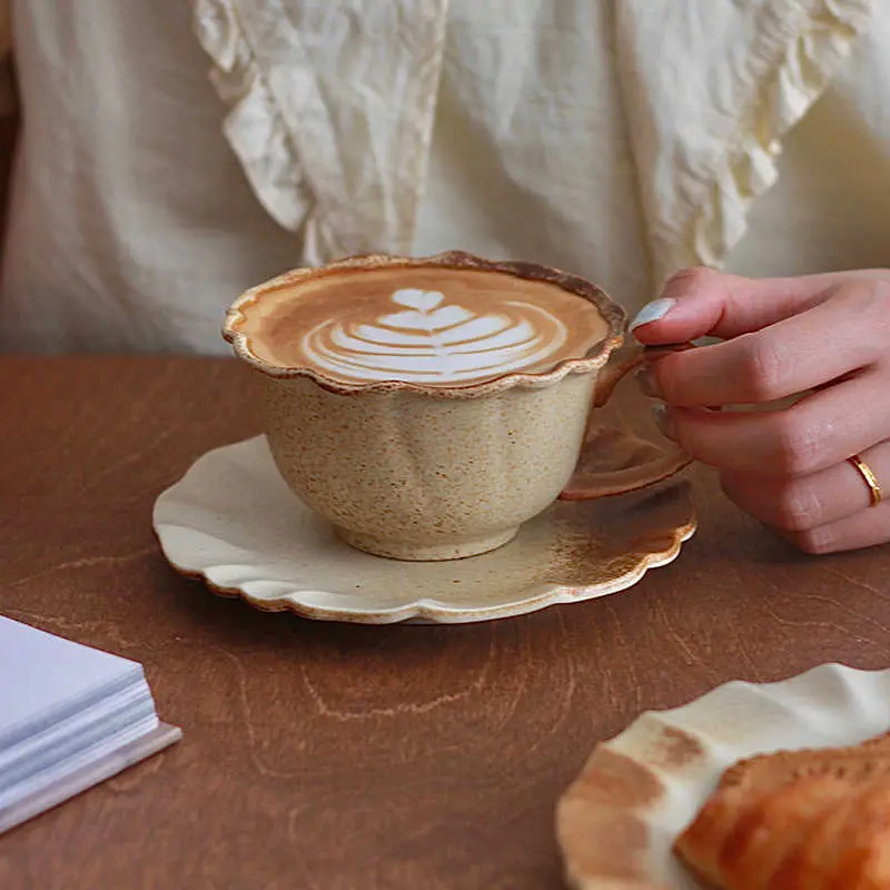 Japanese Retro Coffee Cup Dish Kiln Glaze Latte Cup Household Breakfast Cup Dim Sum Disc 270ml Afternoon Tea Drinkware Gift