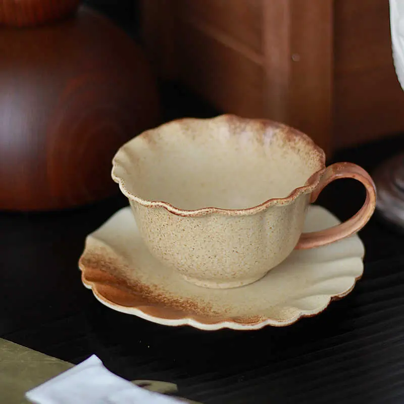 Japanese Retro Coffee Cup Dish Kiln Glaze Latte Cup Household Breakfast Cup Dim Sum Disc 270ml Afternoon Tea Drinkware Gift