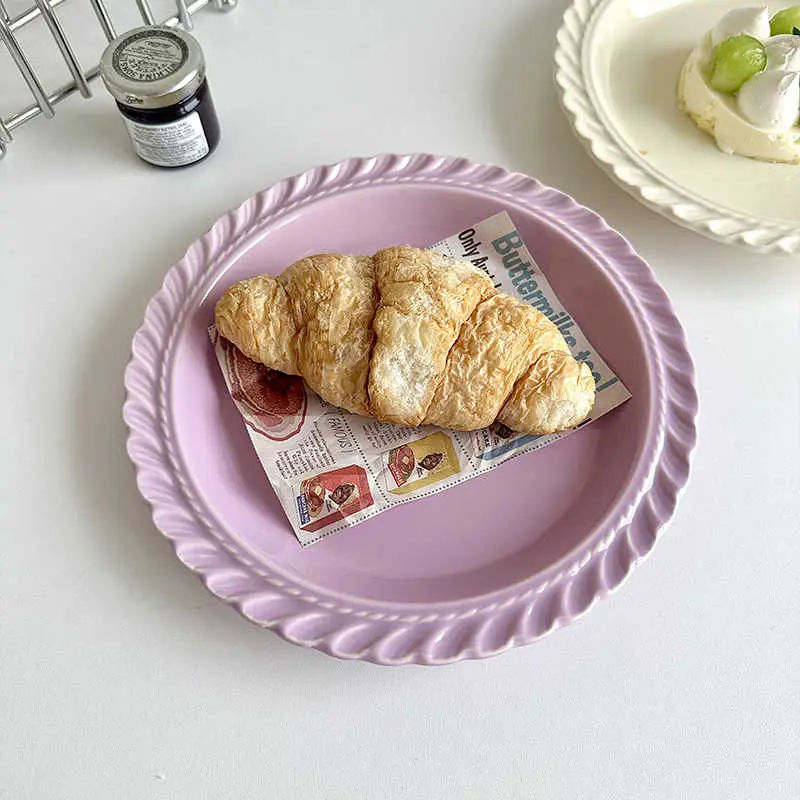 French Solid Colour Dessert Plate Exquisite Round Western Pastry Tray Household Breakfast Ceramic Flat Dish 21.5cm Tableware