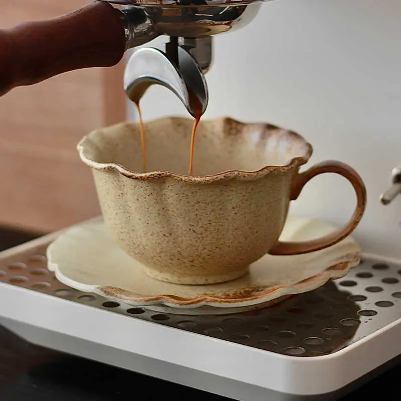 Japanese Retro Coffee Cup Dish Kiln Glaze Latte Cup Household Breakfast Cup Dim Sum Disc 270ml Afternoon Tea Drinkware Gift