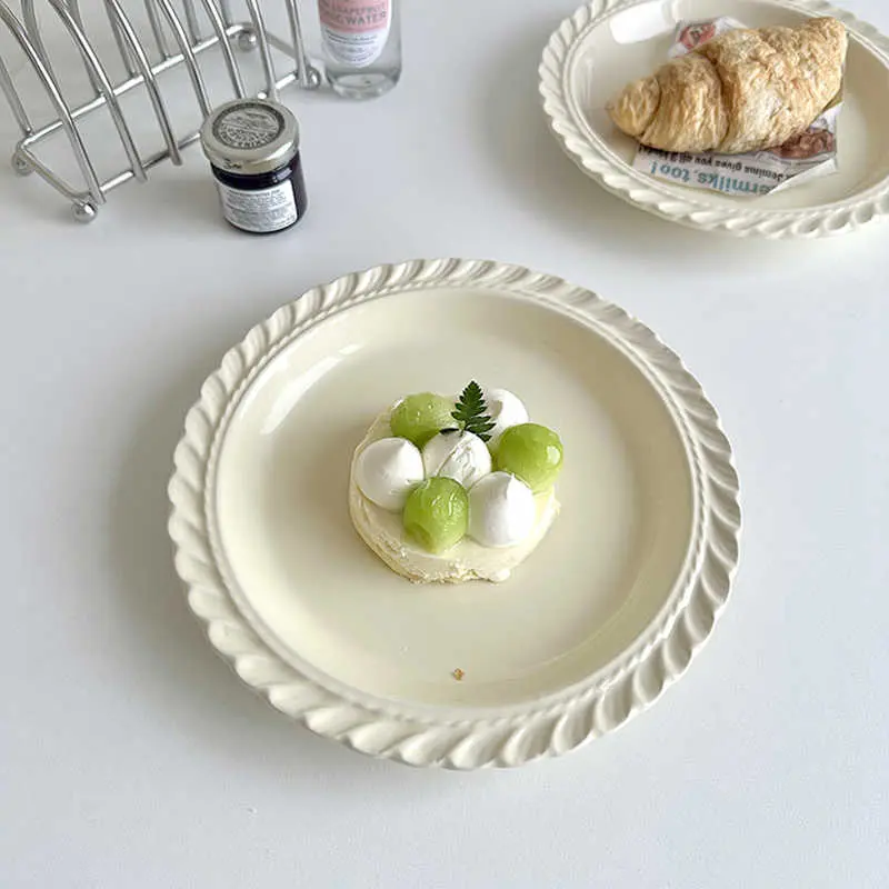 French Solid Colour Dessert Plate Exquisite Round Western Pastry Tray Household Breakfast Ceramic Flat Dish 21.5cm Tableware