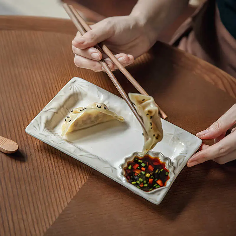 Exquisite Embossed Dumpling Plate With Saucer Rectangular Ceramic Dim Sum French Fries Dish Household Tableware