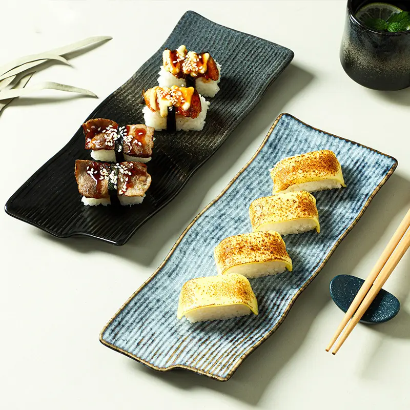 Japanese Ceramic Plate Household Striped Sushi Plates Exquisite Hotel Tableware 26cm Dessert Pastry Disc