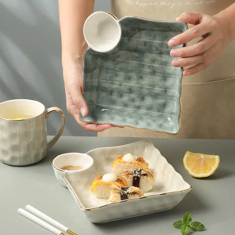 Gold Rimmed Dumpling Plate With Vinegar Dish Household Square French Fries Sushi Plates Exquisite Dinner Disc