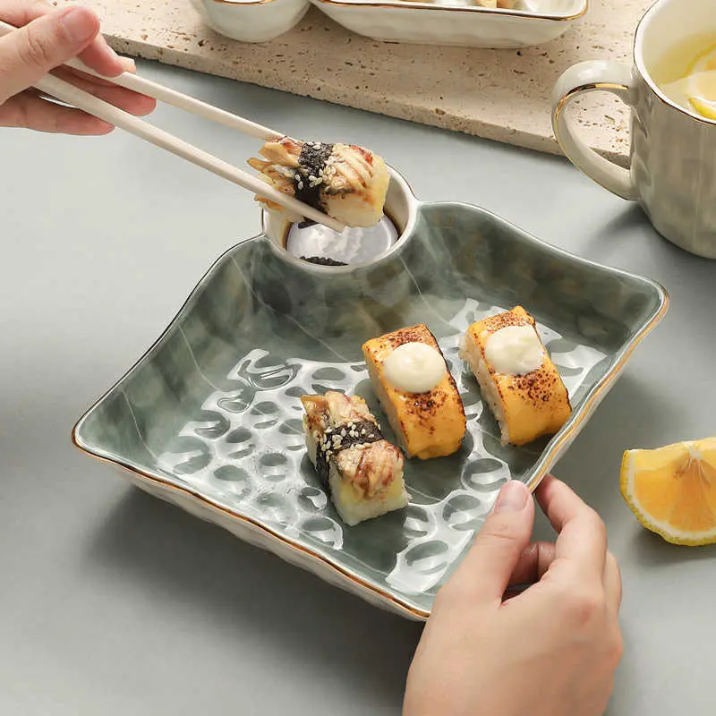 Gold Rimmed Dumpling Plate With Vinegar Dish Household Square French Fries Sushi Plates Exquisite Dinner Disc