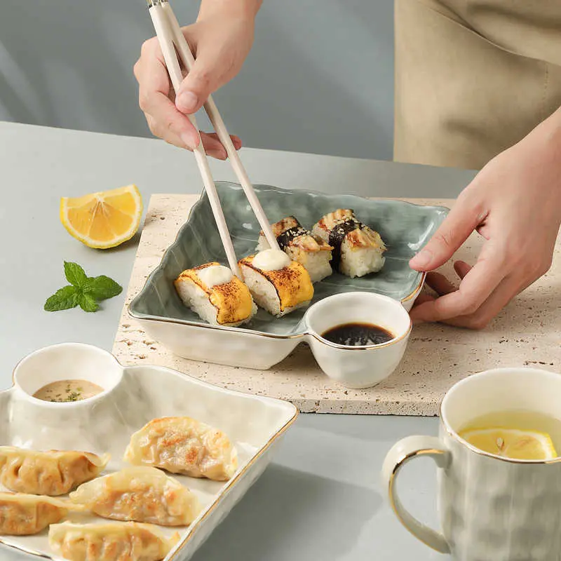 Gold Rimmed Dumpling Plate With Vinegar Dish Household Square French Fries Sushi Plates Exquisite Dinner Disc