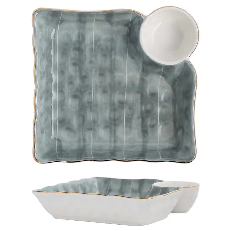 Gold Rimmed Dumpling Plate With Vinegar Dish Household Square French Fries Sushi Plates Exquisite Dinner Disc