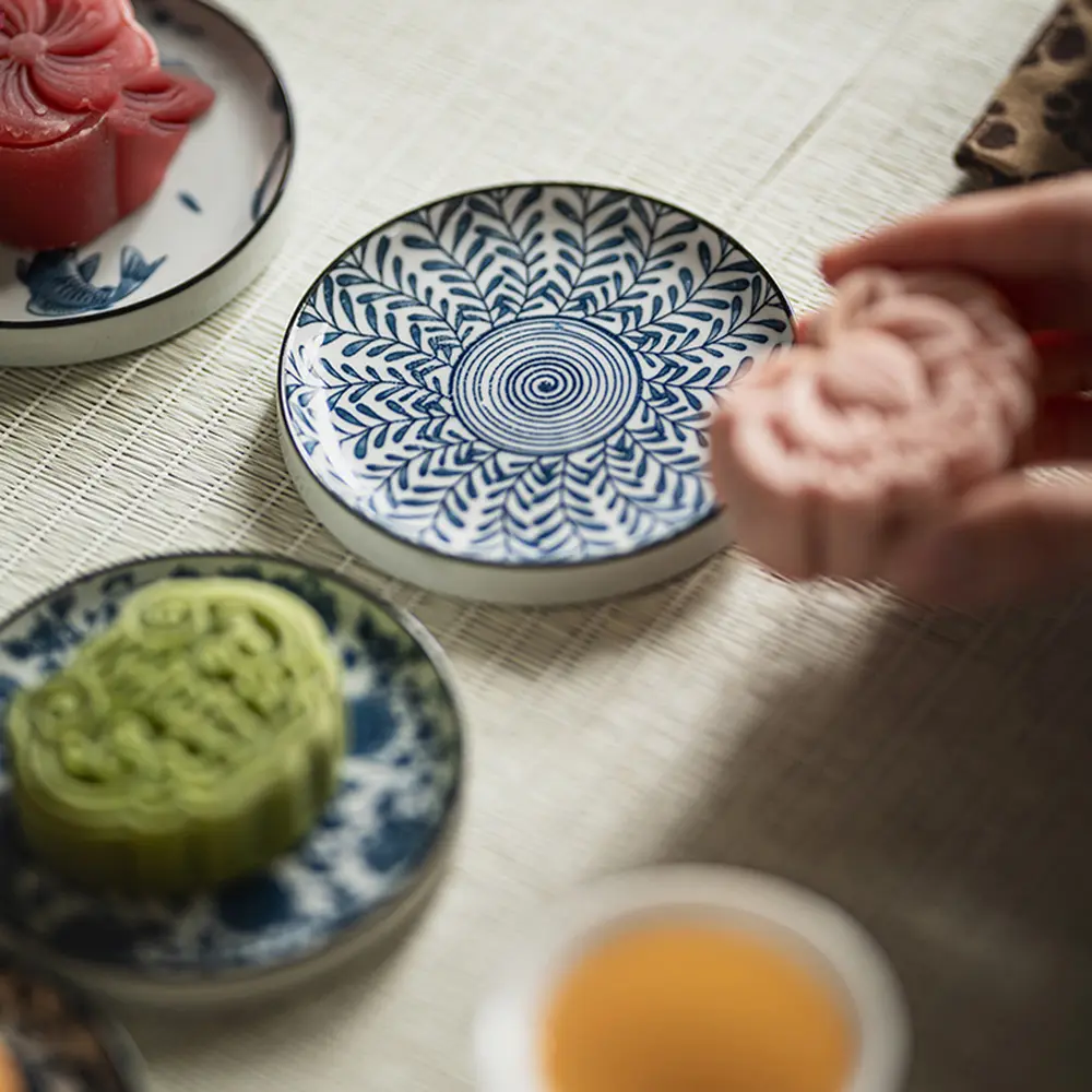 Round Chinese Ceramic Plate Household Dumpling Vinegar Dipping Saucer Afternoon Tea Dessert Dish Sushi Sashimi Wasabi Disc