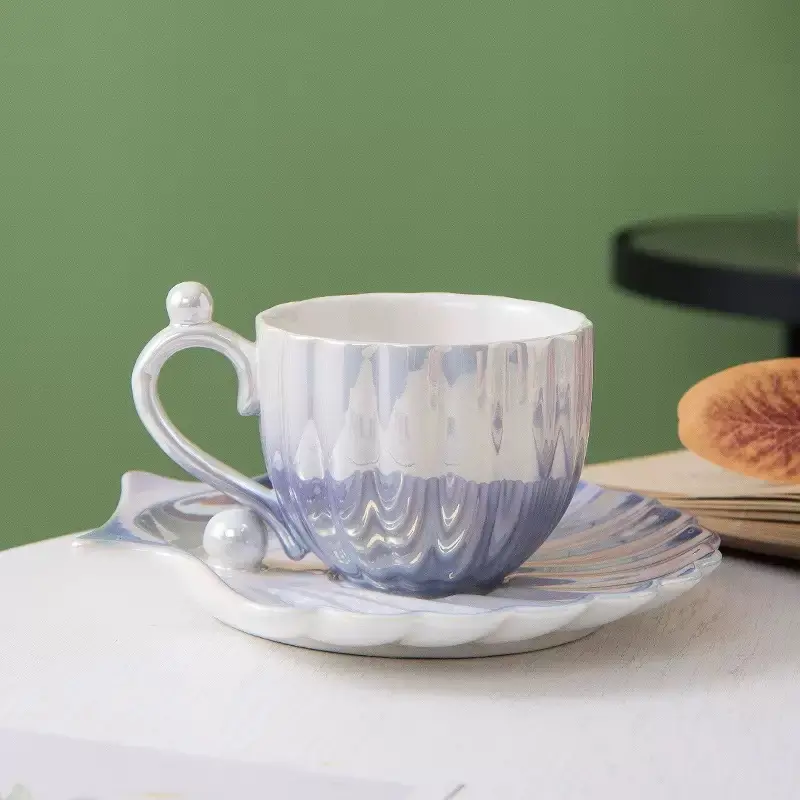 Gradient Pearl Shell Ceramic Mugs European Creative Coffee Mug And Saucer 240ml Household High-end Dringing Mug Gifts