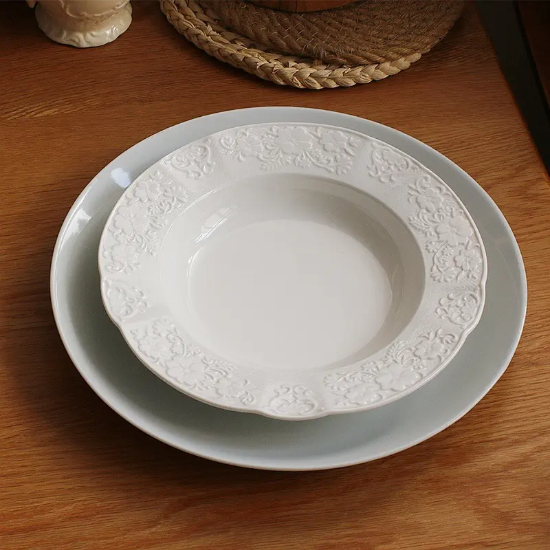 White Rose Patterned Relief Round Disc American Retro Pasta Steak Deep Plate Household Fruit Salad Ceramic Platter