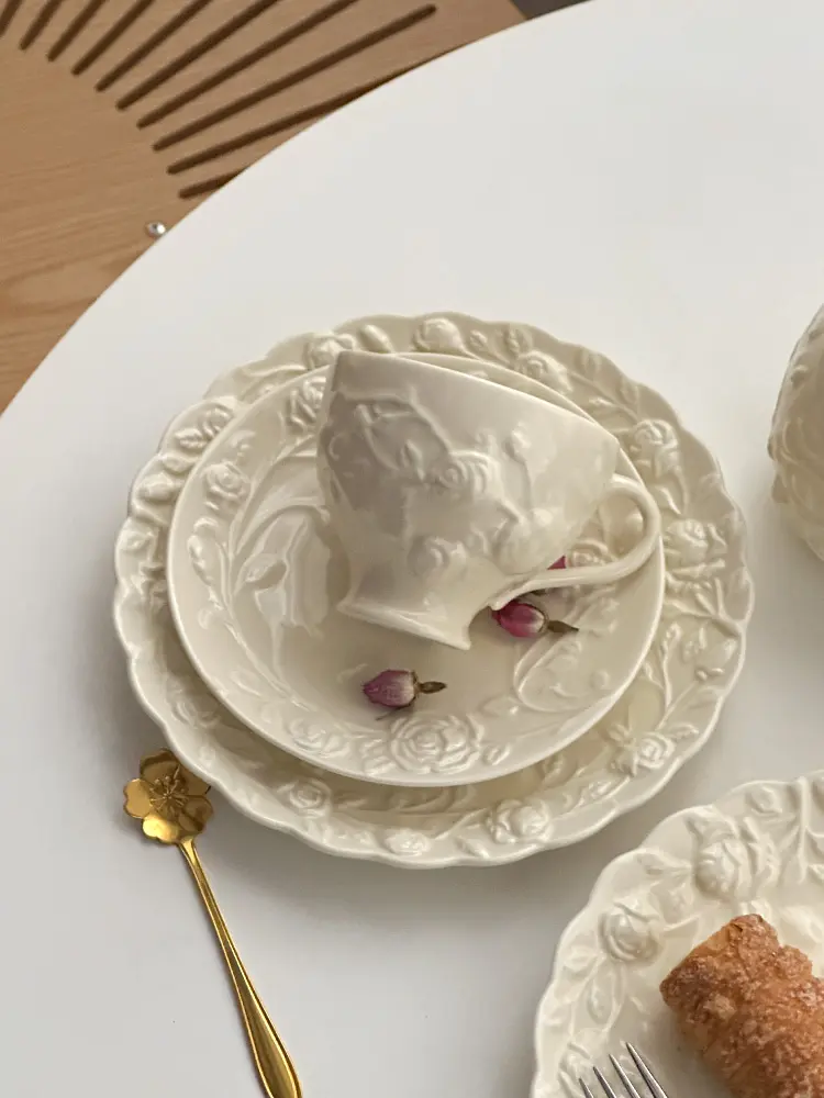 French Vintage Rose Embossed Coffee Cups And Saucers Household Afternoon Tea Drinkware Dessert Plate