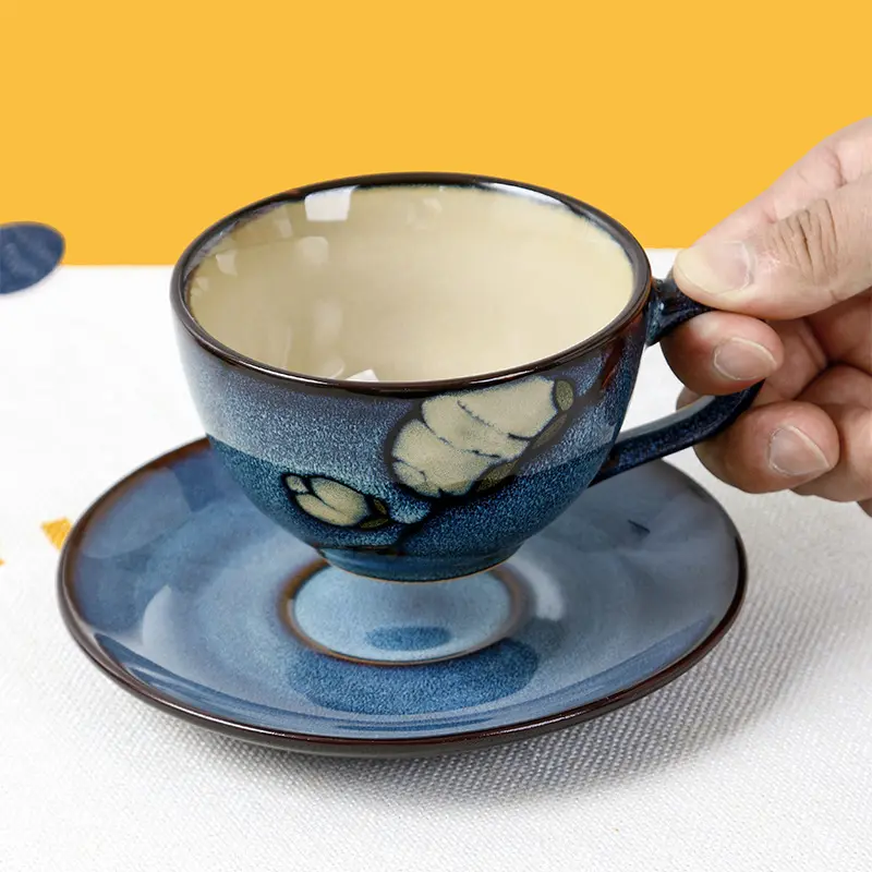 Vintage Underglaze Coffee Cups And Saucers Household Ceramic Afternoon Tea Drinkware Breakfast Cups And Snack Plate