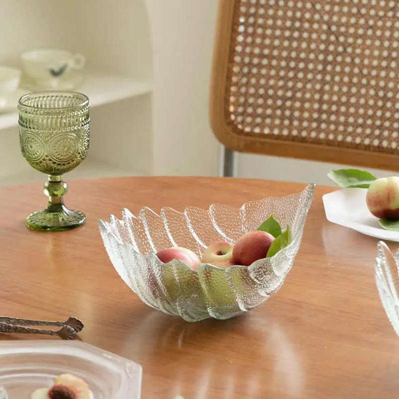 Light Green Embossed Glass Fruit Tray Creative Storage Basket Household Restaurant Snacks Storage Tool