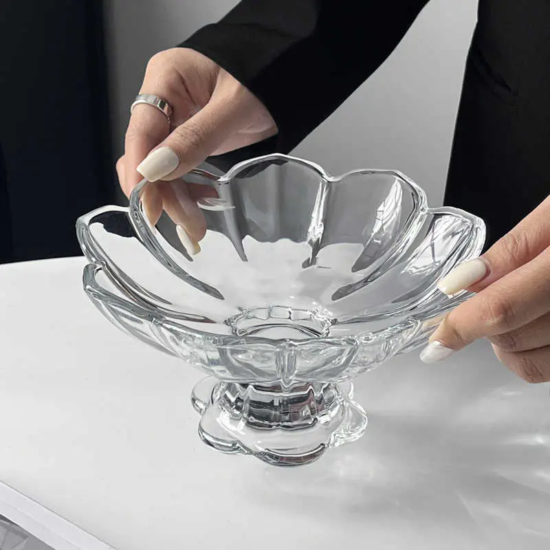 Transparent Glass High Fruit Plate Living Room Household Snacks Plates Pastry Tray Simple Tableware