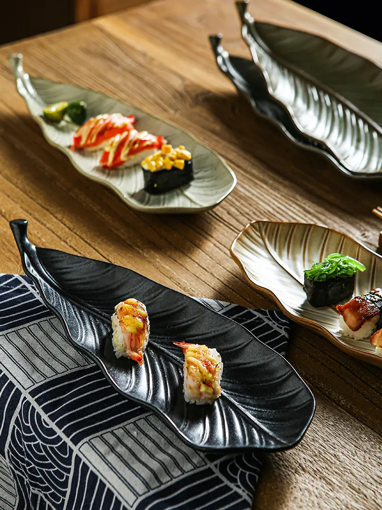 Japanese Creative Leaves Sushi Plate Ceramic Retro Tableware Dessert Pastry Plate Household Snack Plate Tableware 36cm