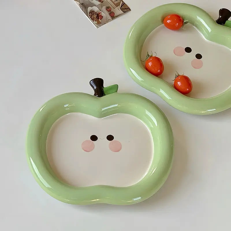 Green Apple-shaped Ceramic Plate Creative Dessert Cake Plates Household Fruit Salad Snack Pastry Dish Kitchen Tableware