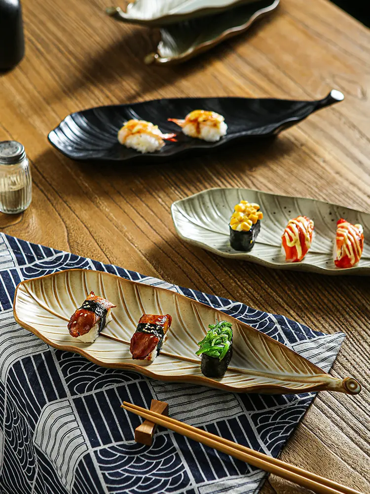 Japanese Creative Leaves Sushi Plate Ceramic Retro Tableware Dessert Pastry Plate Household Snack Plate Tableware 36cm