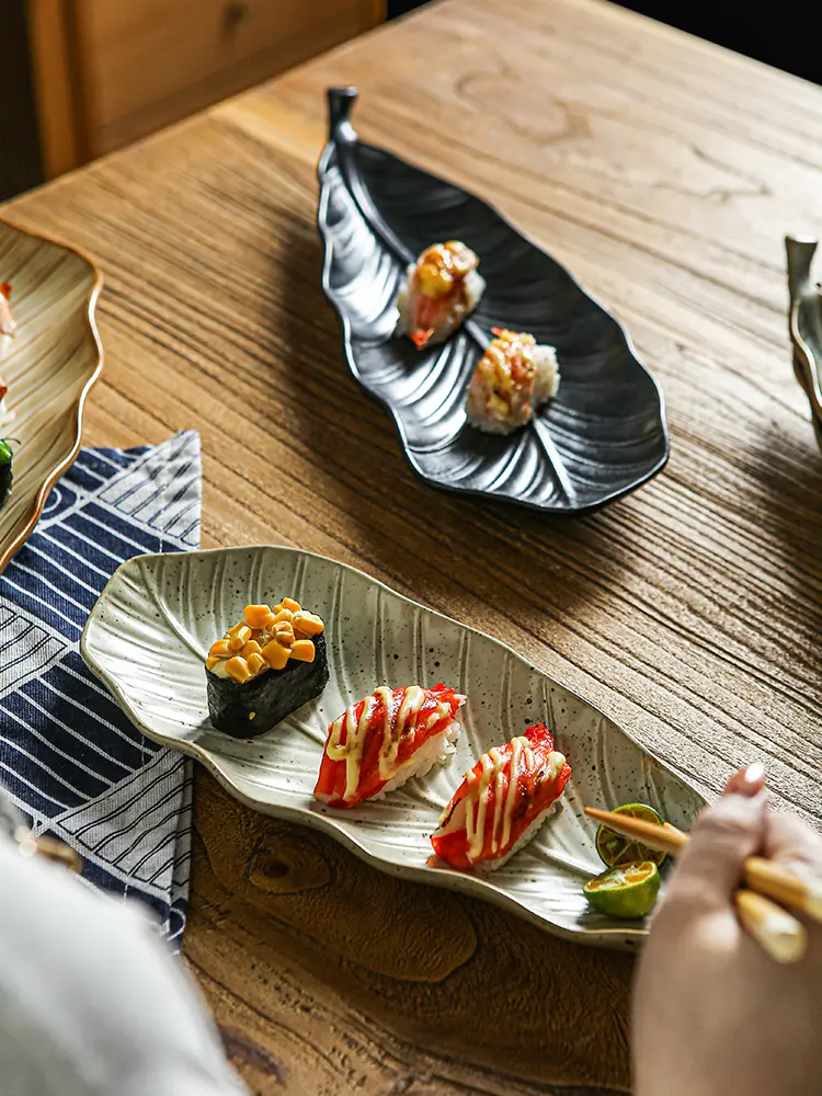 Japanese Creative Leaves Sushi Plate Ceramic Retro Tableware Dessert Pastry Plate Household Snack Plate Tableware 36cm