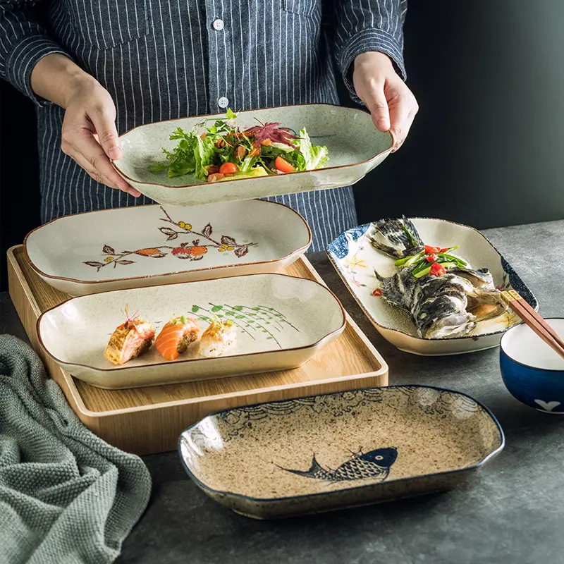 Creative Hand-painted Rectangular Fish Plate Japanese Retro Sushi Deep Dish Household Salad Plate Tableware
