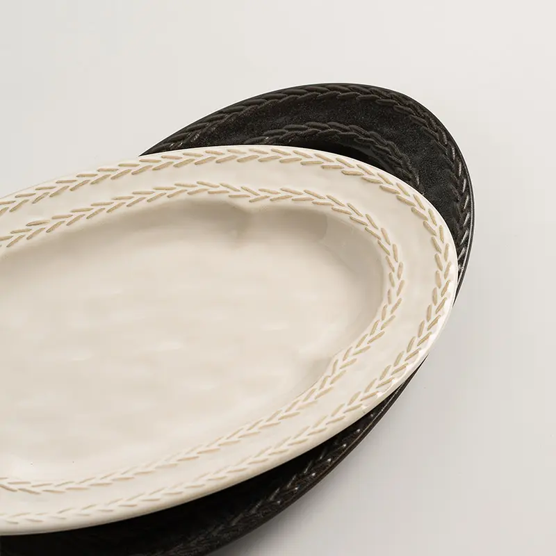 Solid Color Embossed Ceramic Plate Underglaze Oval Plates For Home Use High Quality Kiln Transformed Restaurant Dinner Dish