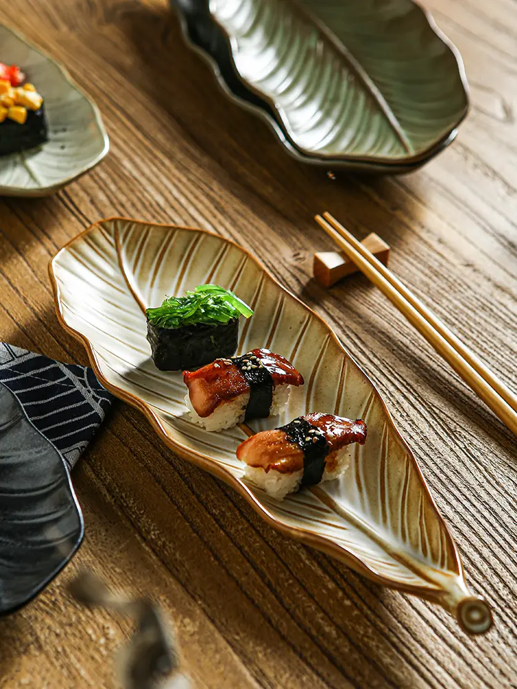 Japanese Creative Leaves Sushi Plate Ceramic Retro Tableware Dessert Pastry Plate Household Snack Plate Tableware 36cm