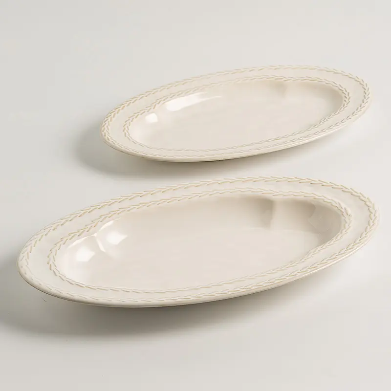 Solid Color Embossed Ceramic Plate Underglaze Oval Plates For Home Use High Quality Kiln Transformed Restaurant Dinner Dish