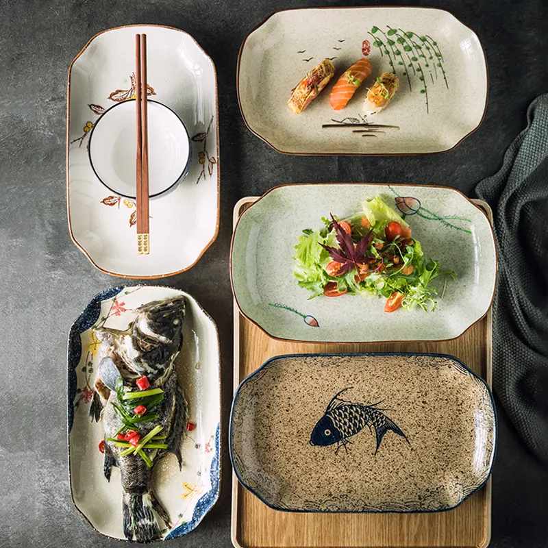 Creative Hand-painted Rectangular Fish Plate Japanese Retro Sushi Deep Dish Household Salad Plate Tableware