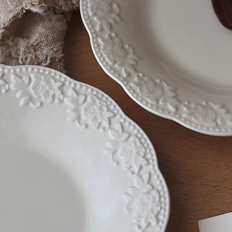 Vintage Embossed Ceramic Breakfast Plate Simple Fruit Salad Tray White Afternoon Tea Dessert Cake Dish 19.5cm Tableware