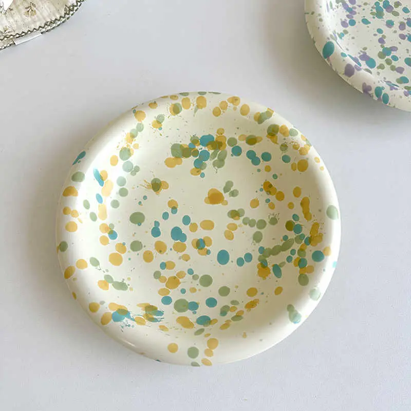 Colourful Ink Splash Ceramic Plate Household Salad Fruit Tray Western Food Plates Breakfast Dessert Bread Dish 21.5cm