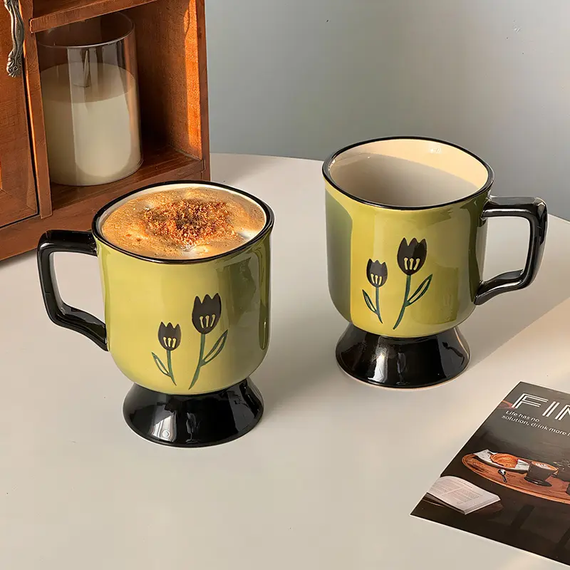 400ml Retro Ceramic Mug Hand-painted Tulip Coffee Cup Large Capacity Breakfast Milk Oatmeal Cups Drinkware