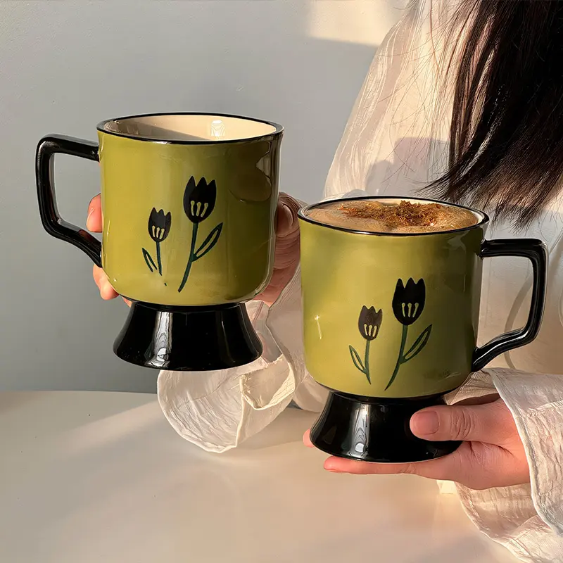400ml Retro Ceramic Mug Hand-painted Tulip Coffee Cup Large Capacity Breakfast Milk Oatmeal Cups Drinkware