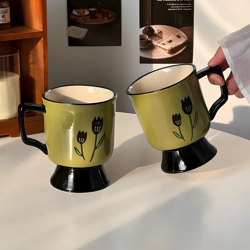400ml Retro Ceramic Mug Hand-painted Tulip Coffee Cup Large Capacity Breakfast Milk Oatmeal Cups Drinkware