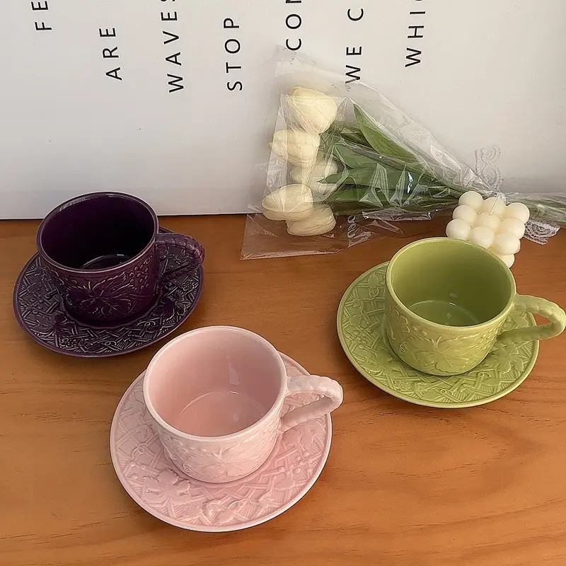 Light Luxury Ceramic Coffee Cups Saucers Set Exquisite Afternoon Tea Drinkware Embossed Breakfast Cup Snack Plates Gift