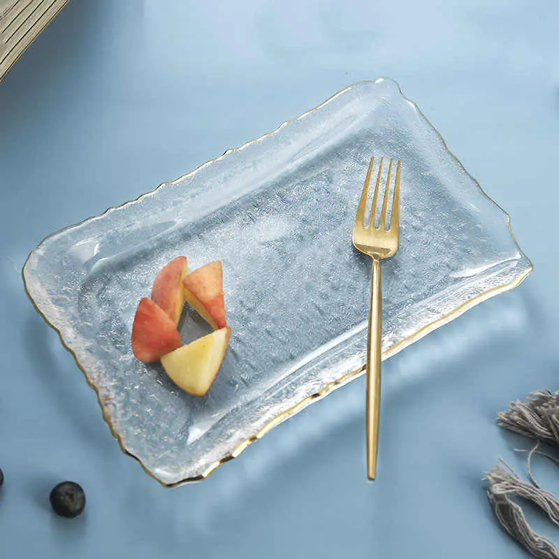 Rectangular Irregular Glacier Glass Fruit Plate Creative Simple Flat Plates Japanese Sushi Tray Dim Sum Dessert Dish
