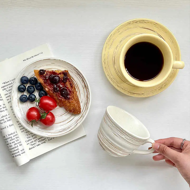 Vintage Coarse Pottery Coffee Cup Saucer Light Luxury Afternoon Tea Drinking Set Ceramic Breakfast Milk Cups Dessert Saucer