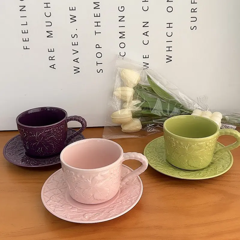 Light Luxury Ceramic Coffee Cups Saucers Set Exquisite Afternoon Tea Drinkware Embossed Breakfast Cup Snack Plates Gift