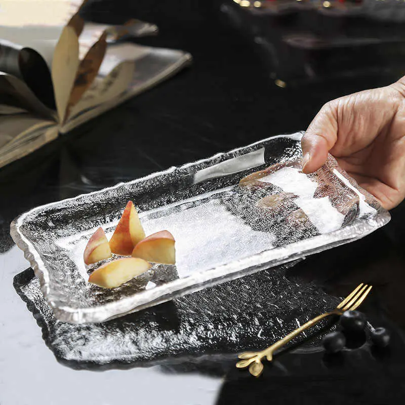 Rectangular Irregular Glacier Glass Fruit Plate Creative Simple Flat Plates Japanese Sushi Tray Dim Sum Dessert Dish