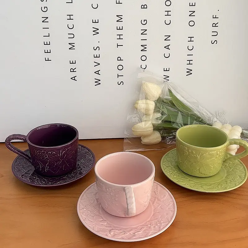 Light Luxury Ceramic Coffee Cups Saucers Set Exquisite Afternoon Tea Drinkware Embossed Breakfast Cup Snack Plates Gift