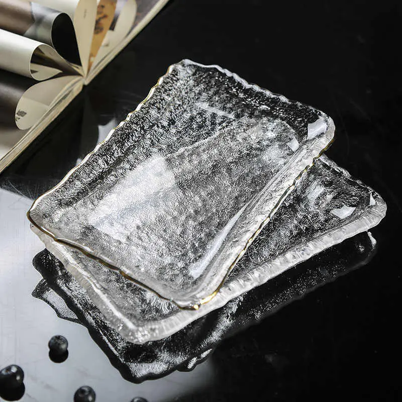 Rectangular Irregular Glacier Glass Fruit Plate Creative Simple Flat Plates Japanese Sushi Tray Dim Sum Dessert Dish