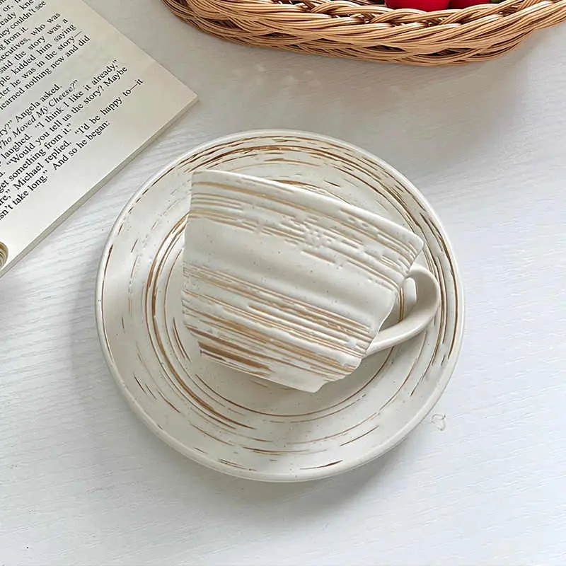 Vintage Coarse Pottery Coffee Cup Saucer Light Luxury Afternoon Tea Drinking Set Ceramic Breakfast Milk Cups Dessert Saucer