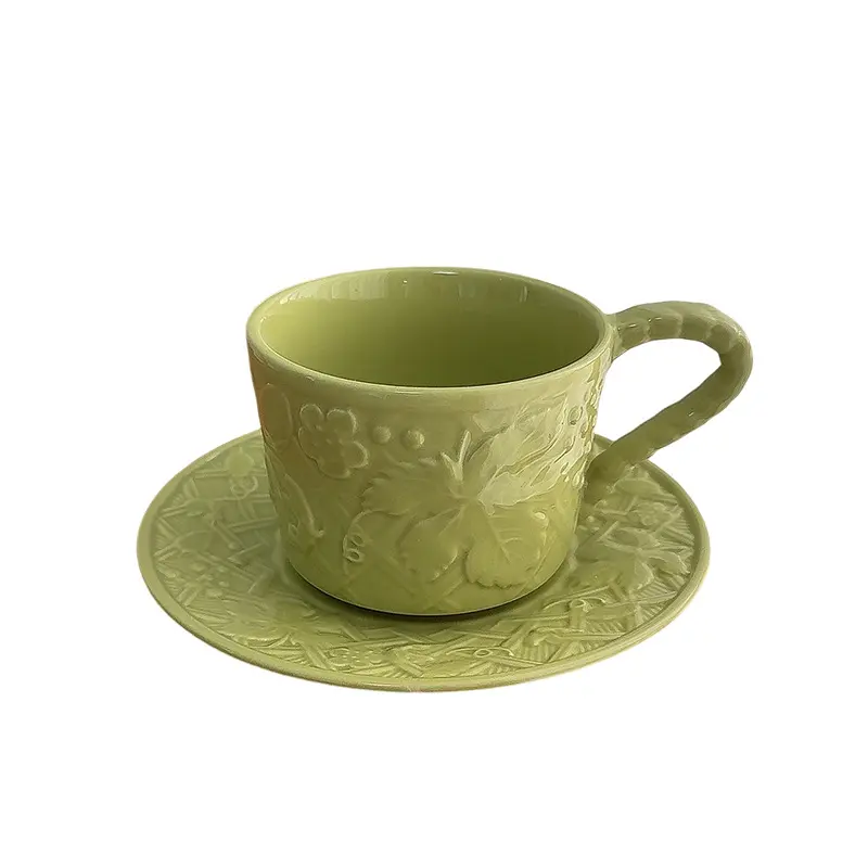 Light Luxury Ceramic Coffee Cups Saucers Set Exquisite Afternoon Tea Drinkware Embossed Breakfast Cup Snack Plates Gift