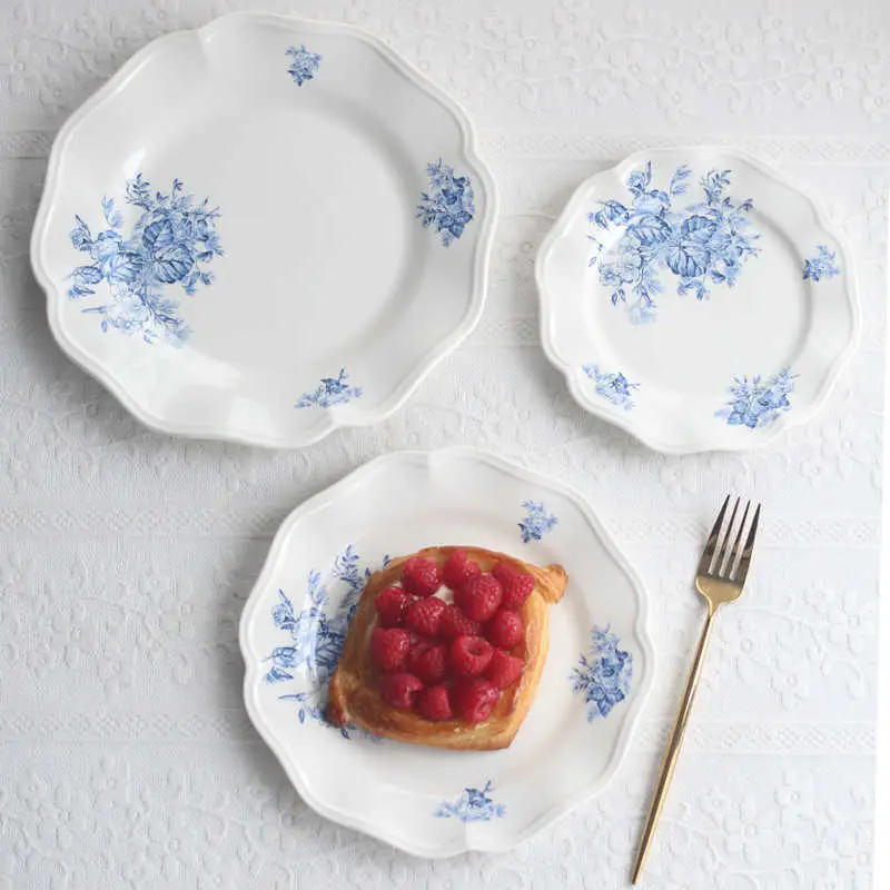 French Retro Printing Breakfast Plate Relief Ceramic Dessert Cake Plates Exquisite Western Spaghetti Dish Tableware