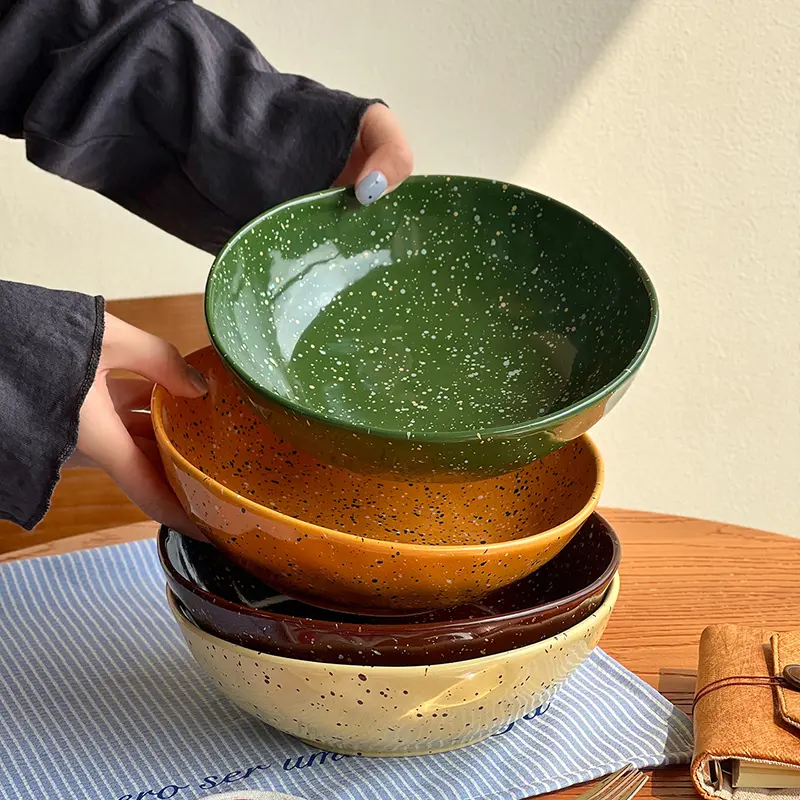 Colourful Ink Splash Ceramic Salad Bowl Irregular Deep Plate Household Fruit Tray Kitchen Tableware 20.4cm