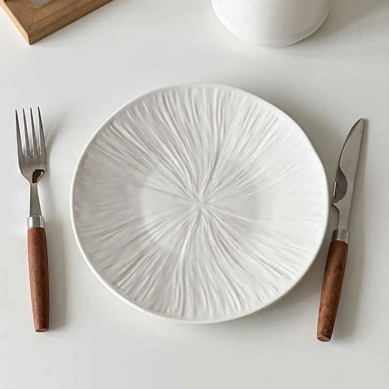 Lotus Grain Flat Plate White Western Steak Dish Household Ceramic Pasta Tray Dipping Saucer Kitchen Tableware