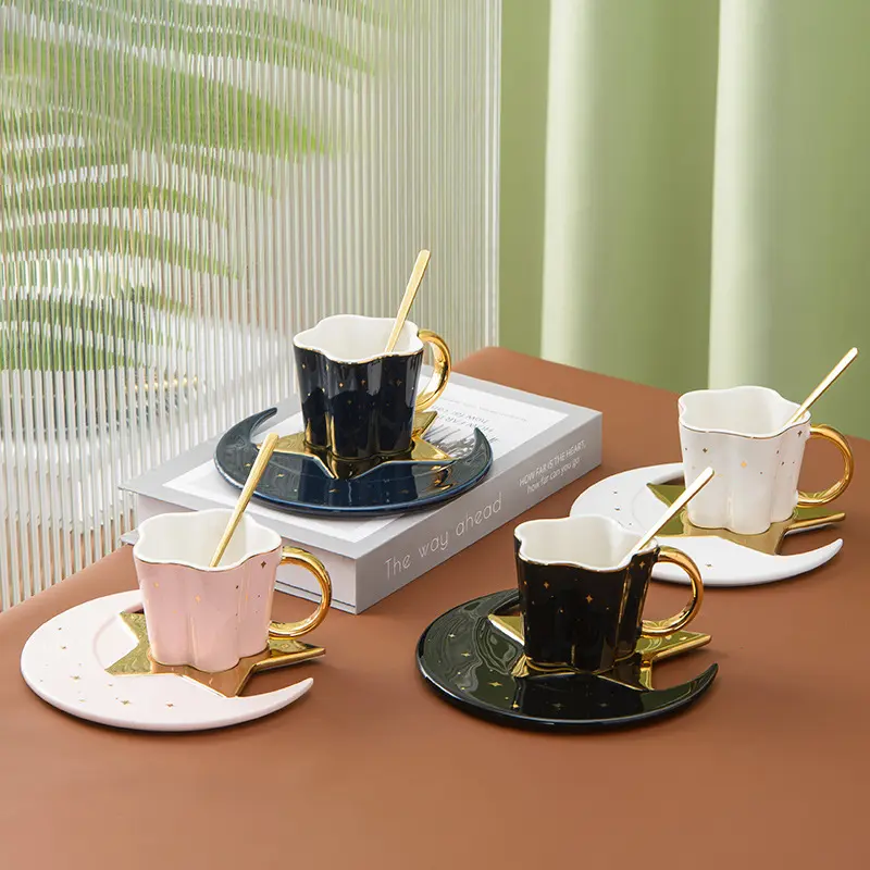 North Europe Ceramic Coffee Cups Saucers Creative Stars Decorate Mug 120ml Afternoon Tea Drinkware Birthday Gift Girls