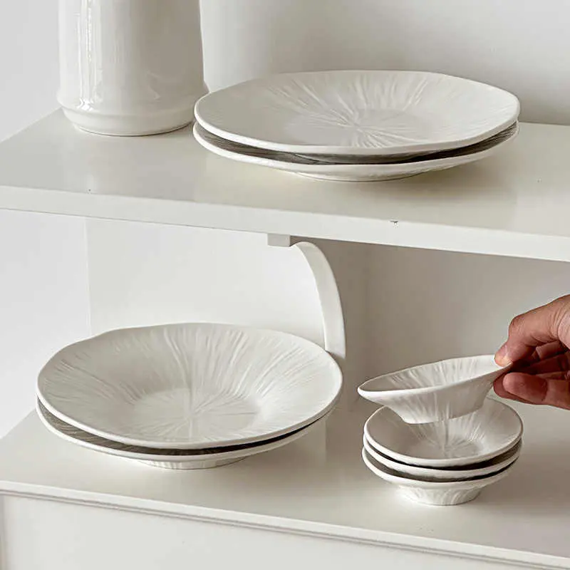 Lotus Grain Flat Plate White Western Steak Dish Household Ceramic Pasta Tray Dipping Saucer Kitchen Tableware